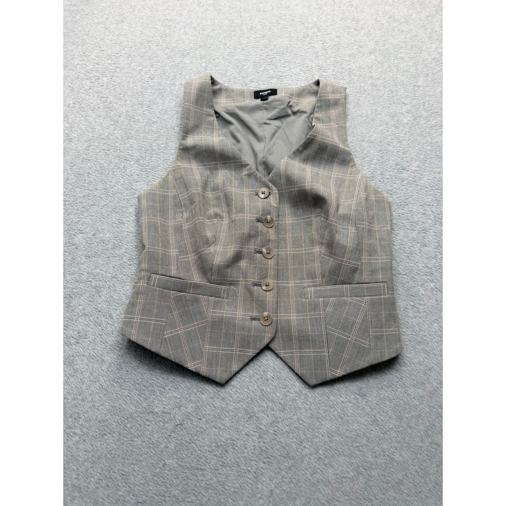 Express Design Studio Gray Plaid Button Front Vest Waistcoat Size XS